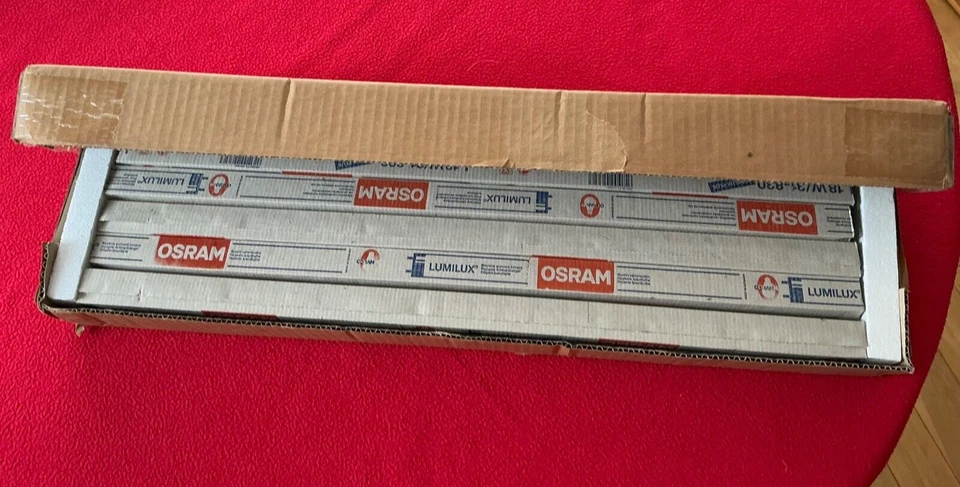 Osram fluorescent tubes, Lumilux Plus L18W/31-830, warm white, 10 in box. - Image 1 of 1