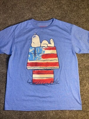 Peanuts T Shirt Boy Large Blue Snoopy USA Flag House Graphic Cotton Crew Neck - Image 1 of 4