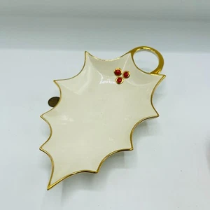 Plato Hoja de Acebo Lenox Joya Borde Oro 24K 9x5" Excelente Estado - Imagen 1 de 5
