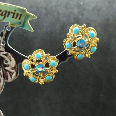 Pendientes con flores Michal Negrin poste grande chapados en oro imitación cristales turquesa regalo Foto 1 de 4
