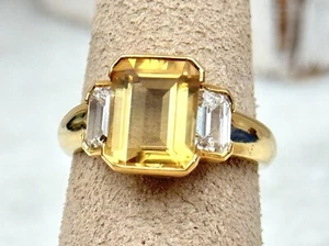 Vintage 18k Yellow Gold Emerald Cut 3.5ct Natural Citrine Cocktail Ring - Picture 1 of 4