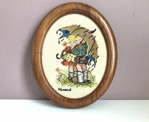 Hummel Boy and Girl Under Umbrella Vintage Needlepoint Rain Faux Wood Framed - Picture 1 of 8