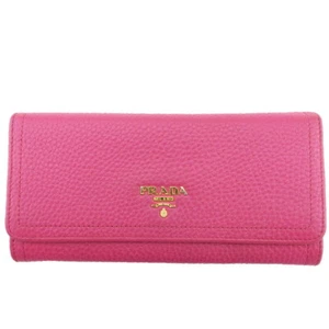 PRADA long wallet logo pink leather x gold hardware Authentic Used e17067 - Picture 1 of 9