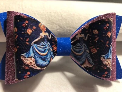 CINDERELLA 3 LAYERED HAIR BOW. BLUE, PURPLE AND BLACK. 4.5" X 2.5". HOMEMADE - Image 1 of 3