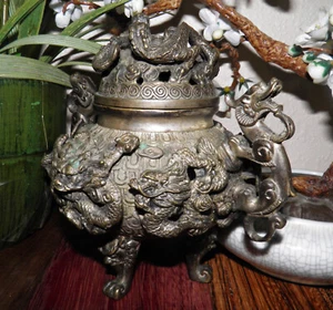 1890-1920 Export Chinese Qing Dynasty Mark Carved Relief Censor Burner,Stand Lid - Picture 1 of 19