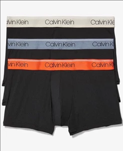 Calvin Klein Mens 3 Pack Small Trunks - Black with Gray Mudstone Orange Bands - Picture 1 of 3