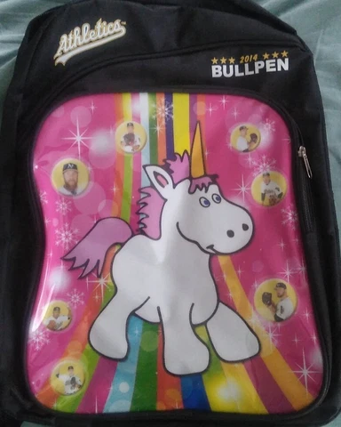 2014 Oakland A's Athletics Giveaway Bullpen Unicorn Backpack Sean Doolittle Cover