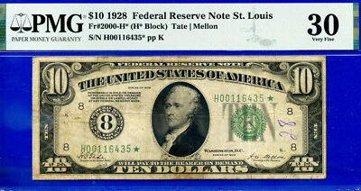 1928 $10 Federal Reserve Note PMG 30 rare 18 known St. Louis star Fr 2000-H* - Image 1 of 3