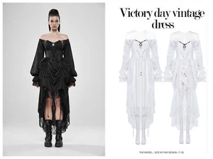 PUNK RAVE Women Goth Vintage Cotton Lace Mesh Slim Fit Lantern Sleeve Long Dress - Picture 1 of 29