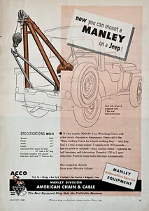 1948 Ad American Chain & Cable Bridgeport CT Manley Jeep Mounted Wrecking Crane - Picture 1 of 1