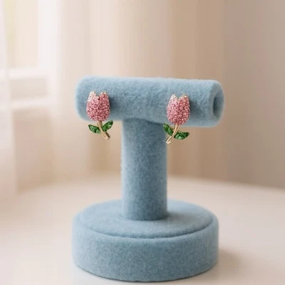 Pendientes Tulipán Flor Cristal Púrpura Verde Tachuela Oro Rosa Circonita Foto 1 de 4