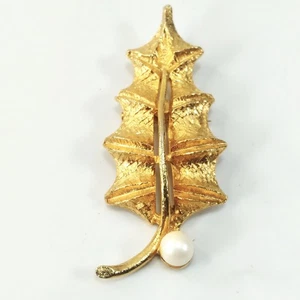 Vintage Pearl on Golden Leaf Brooch Gold Tone with Faux Pearl 2" Pin Fall Gift - Picture 1 of 6