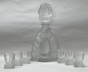 Art Deco Frantisek Halama Decanter & 6 Shot Glasses Clear & Frosted Czech Glass - Picture 1 of 24
