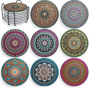 Posavasos Mandala con Soporte - Juego de 8 Posavasos Boho de Cerámica para Absorber Bebidas - Imagen 1 de 8