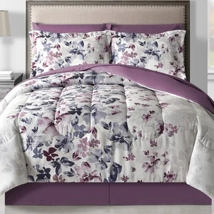 Lanwood Home Monica 8-Piece Bed-in-A-Bag Comforter Set, King, White/Lilac Floral - Picture 1 of 8