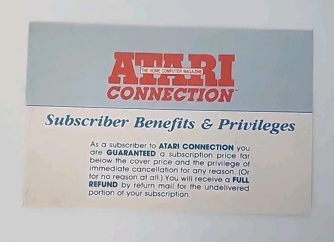 ​Tarjeta de suscriptor de colección Atari Connection Magazine 8 bits computadora hogar promoción... Foto 1 de 2