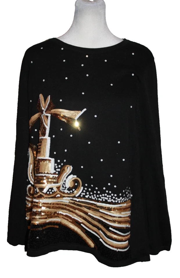 Suéter Drapers & Damons Árbol de Navidad Lentejuelas Talla Pequeña XL PXL Negro Dorado Foto 1 de 1