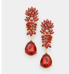 Red Earrings Gold Dangle Drop Rhinestone Prom Long Crystal Pageant Earrings - Picture 1 of 2