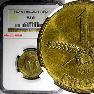 Denmark Aluminum-Bronze Christian X 1946 NS 1 Krone NGC MS64 KM# 835 (030) - Picture 1 of 3