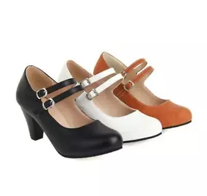 Mary Jane Damen-Pumps mit Retro-Kegel hochhackiger zweireihiger Gürtel runder Zehenpartie - Bild 1 von 11