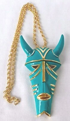 Crown Trifari Goldtone & Turquoise Green Enamel Large 4.75" Tribal Mask Necklace - Image 1 of 4