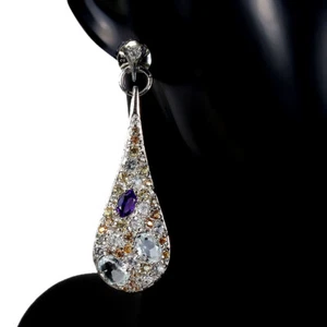 Orecchini In Argento Sterling 925 Ovali Con Acquamarina Zaffiro E Ametista - Foto 1 di 10