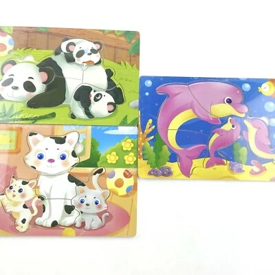 Kids Animal Jigsaw Wooden Puzzle 3PCS Lot Education Toy Panda Dolphin Cat Puzzle - Image 1 of 4