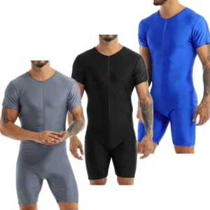 Mens One-Piece Short Sleeve Zipper Bodysuit Leotard Athletic Workout Jumpsuit  - Picture 1 of 44