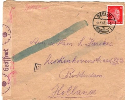 GERMANY WW2 Cover 1943 *Spandau Labour Camp* Censor SECRET INK TEST Holland MA69 - Image 1 of 4