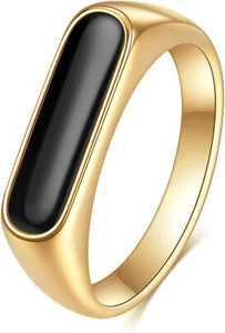 Black Signet Ring18K Gold Bar Signet Ring Black Enamel Vintage Gold Non Tarnish - Picture 1 of 7