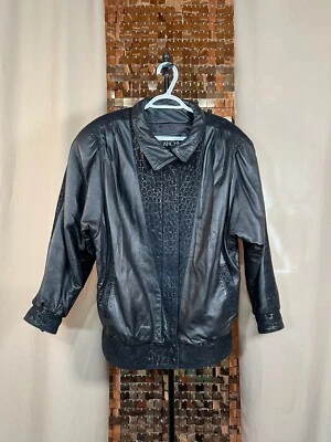 Vintage Creation Avalanche Black Leather Bomber Jacket Suede Print Patches Sz M - Image 1 of 4