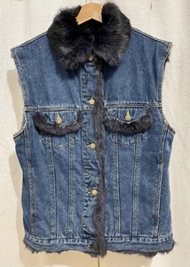 Gilet pelliccia blu denim blu navy vintage Che-bella donna taglia large - Foto 1 di 8