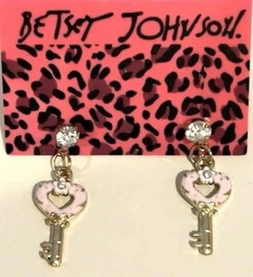Betsy Johnson Pink Enamel Crystal Key Dangle Earrings NWT - Image 1 of 4
