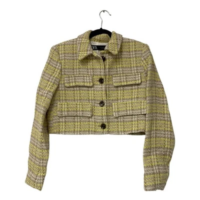 Zara Womens Cropped Blazer Small S Yellow Tan Textured Tweed 2450/100 NWT - Image 1 of 4