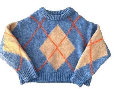 ZARA Chunky Knit Sweater  Relaxed Fit Crew Neck, Size 13-14 Kids Blue, Orange - Image 1 of 4