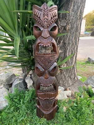Tótem Tiki estilo hawaiano máscara de madera tallada a mano 39"x 8" pulgadas Foto 1 de 4