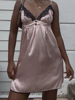 Pink Satin Slip Dress with Black Lace Trim Size Medium - Image 1 of 3