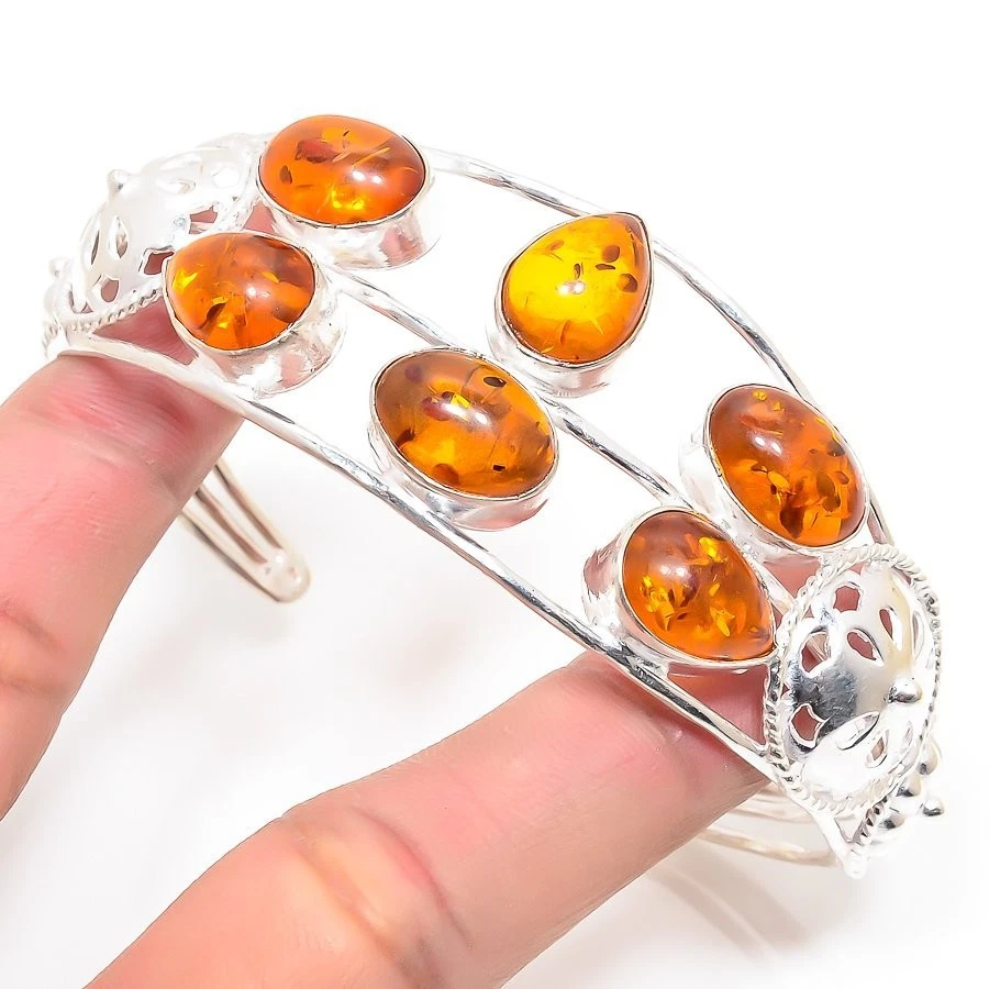 Bracelete ajustável de prata esterlina 925 feito à mão com pedra preciosa âmbar do Báltico - Imagem 1 de 1