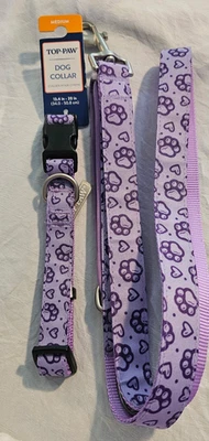 Top Paw Purple Paw Print Dog Collar (M) and Matching Leash (4ft) - Image 1 of 4
