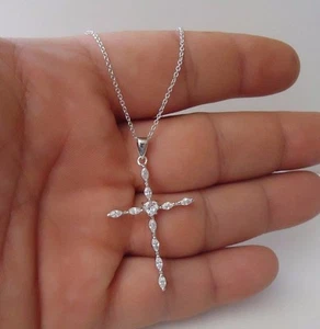  925 STERLING SILVER CROSS NECKLACE PENDANT W/ 1.50 CT LAB DIAMONDS/ 18'' LONG - Picture 1 of 7