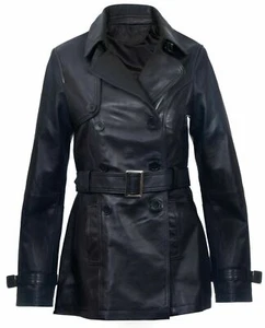 Ladies Leather TRENCH Coat Black | Mid-Length Coat Classic Leather Jacket - Picture 1 of 7