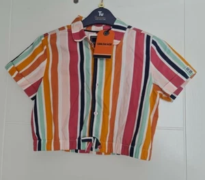 BNWT SOUL CAL GIRLS SHORT SLEEVE MULTICOLOUR STRIPE CROP COTTON SHIRT AGE 11-12 - Picture 1 of 4