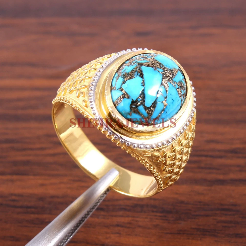 Lab Created Copper Turquoise With 18K Gold Plated Silver Ring For Men's #1585 - Image 1 of 4