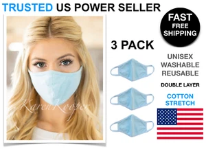 3 Pcs Blue Face Mask Cotton Double Layer Cover Washable Reusable Unisex USA - Picture 1 of 7