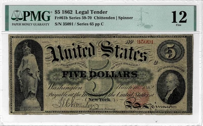1862 $5 Legal Tender note--fr.61b (Chittenden/Spinner) PMG Fine 15--Key note - Image 1 of 4