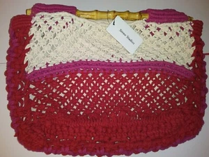 WOMAN STRAW STUDIOS CROCHET HANDBAG COLOR FUCHSIA,RED, WHITE BAMBOO HANDLES!! - Picture 1 of 5