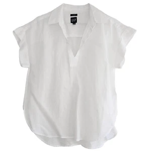 GAP Size S White 100% Linen Short Sleeve Collared Curved Hem Pop Over Shirt Top - Picture 1 of 3
