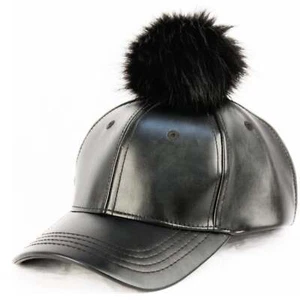 Faux Leather 6 Panel Pompom Baseball Cap - Picture 1 of 31