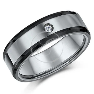  Tungsten Ring & Ceramic CZ Stone Wedding Ring 7mm Nickel Free Band - Picture 1 of 2