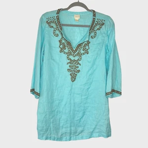 Chico’s Perlen 100 % Leinen Tunika Größe 0 Small 4-6 3/4 Ärmel Küste Strand Boho - Bild 1 von 15